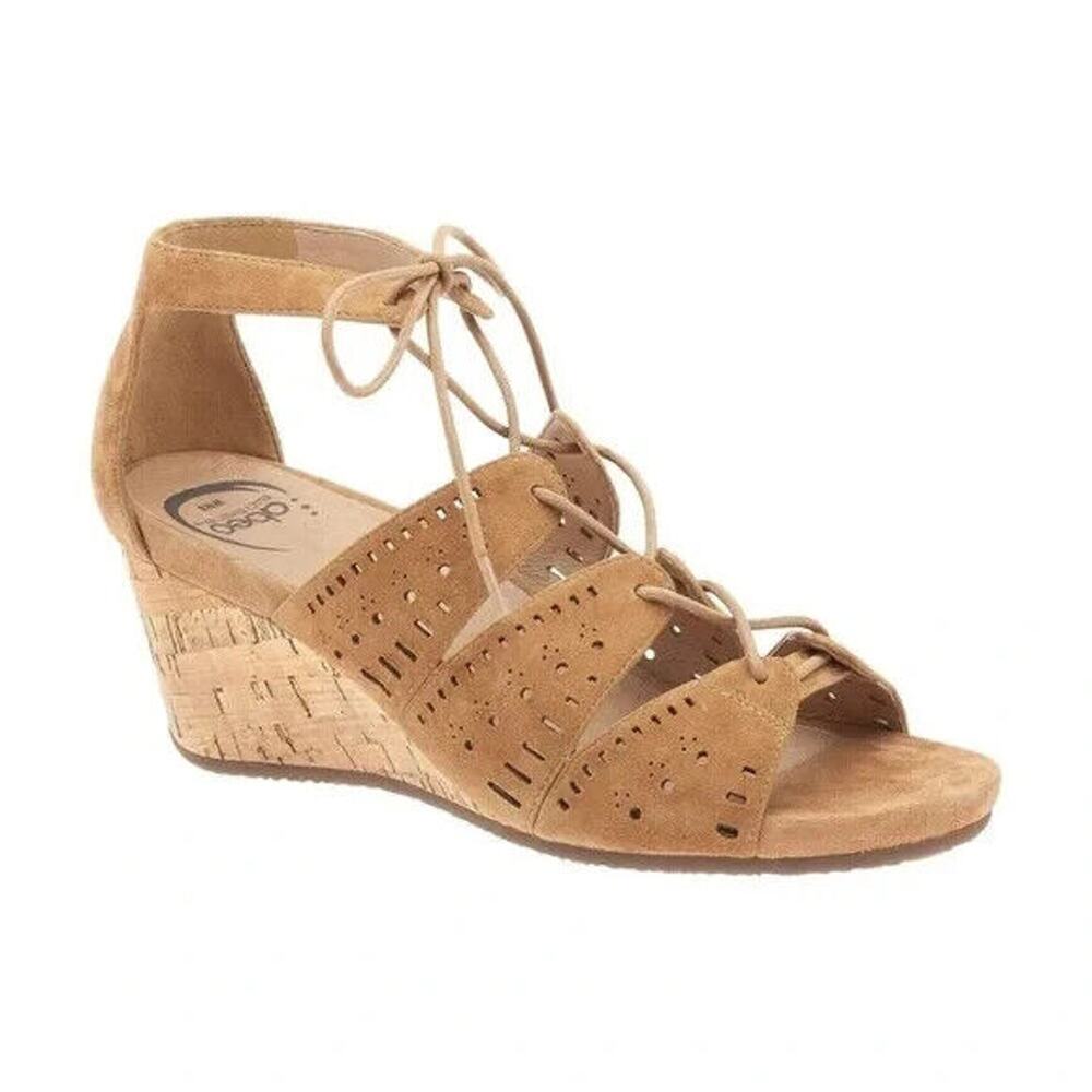 Abeo Lilia Tan Suede Cork Wedge Sandal Beige Brown Open Toe Strappy Tie …